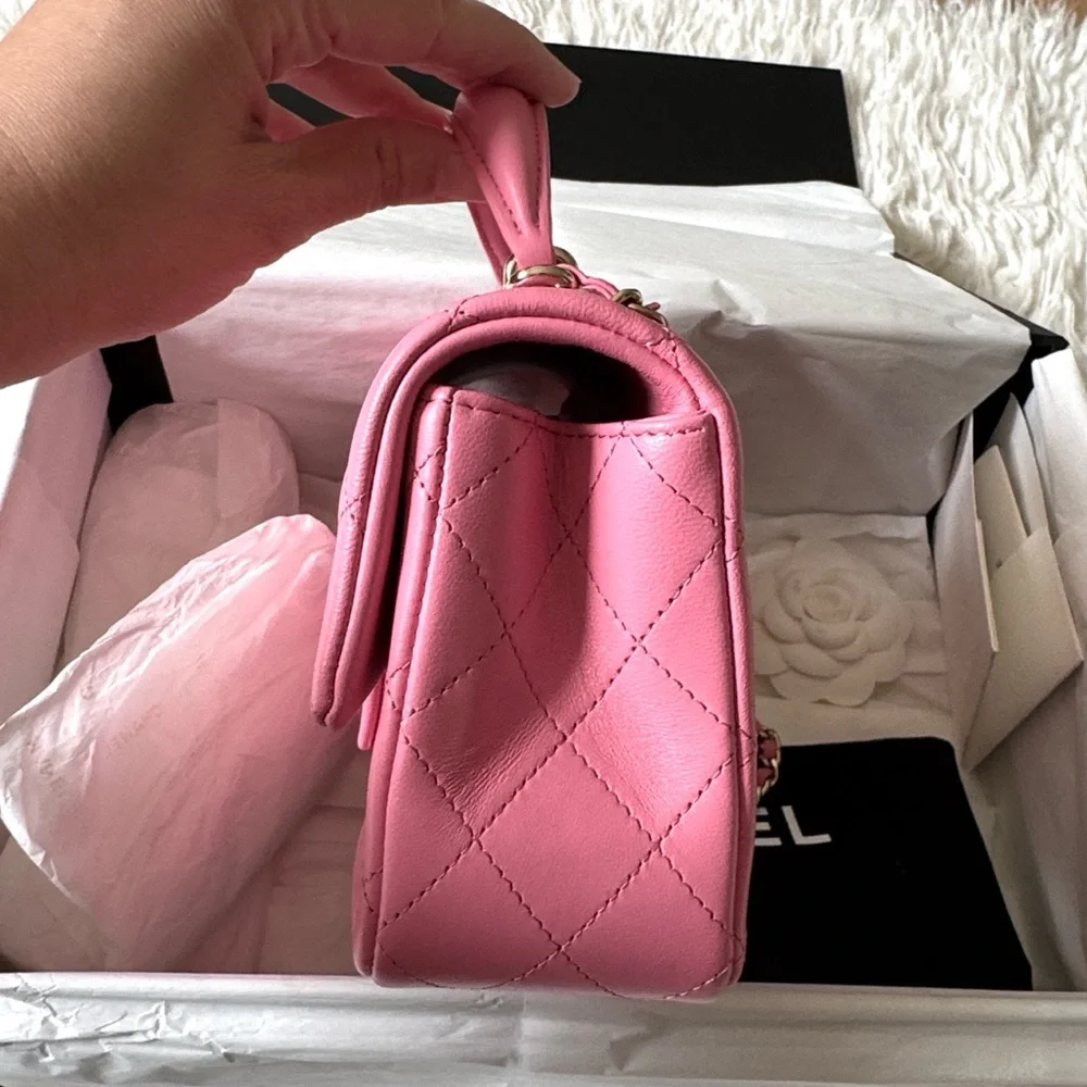 CHANEL 23P Mini Top Handle Pink Lambskin Classic Bag Gold Hardware NIB RARE
